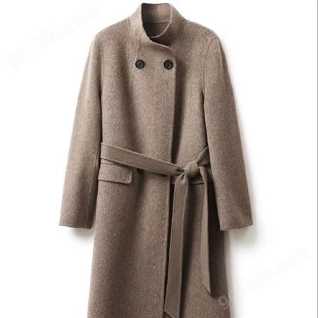 2022冬季新款羊驼毛立领加厚气质涵养双排扣系带大衣女中长款