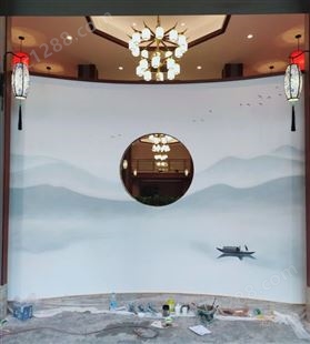 新中式国画彩绘酒店禅意墙绘定制别墅壁画设计