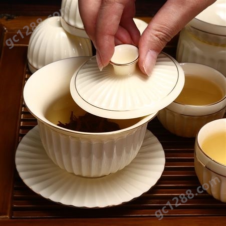宝石黄茶具套装 家用待客碗盖喝茶礼盒装 锦绣 瓷质通透